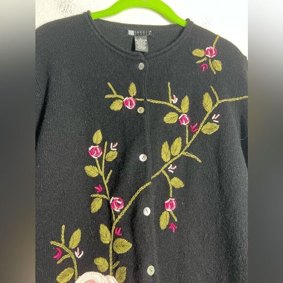 Vintage Rabbit Hair Wool Blend Rose Embroidered Cardigan Sweater Size L - Picture 3 of 11